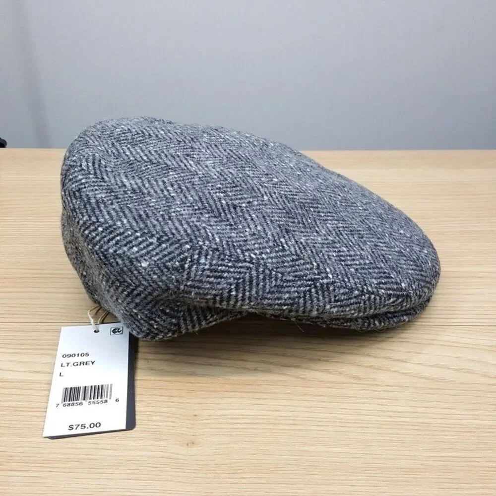 BUGATTI Baker Cap Mens Large Herringbone Light Grey Wool Blend Newsboy Flat Cap